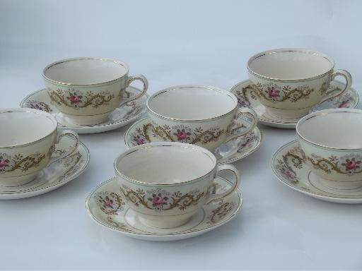 photo of pink rose border Pareek cups and saucers, antique Johnson Bros. china #1