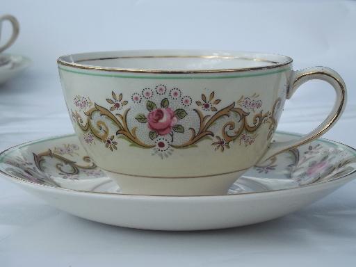 photo of pink rose border Pareek cups and saucers, antique Johnson Bros. china #2