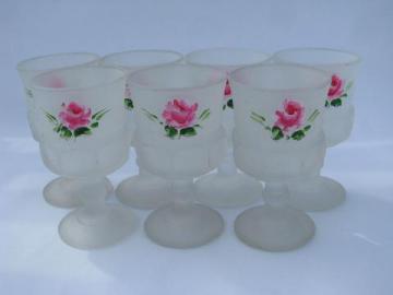 catalog photo of pink rose satin glass cordial or wine glasses, vintage Hazel Atlas glass, hand painted roses