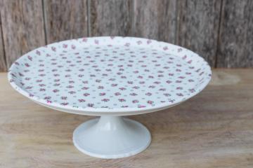 catalog photo of pink rosebud chintz china cake stand, vintage pedestal plate made in France