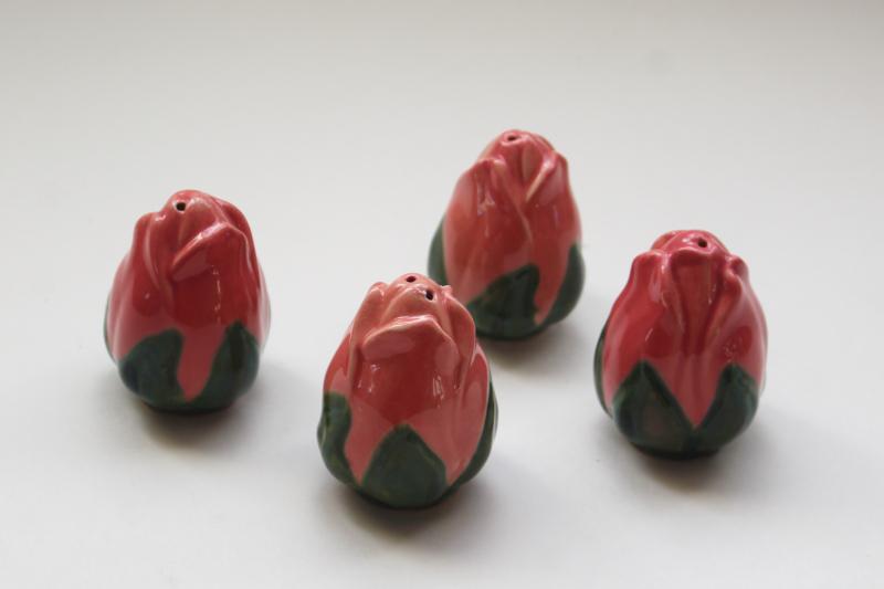 photo of pink rosebuds vintage ceramic salt & pepper, Franciscan china Desert Rose figural shakers #2