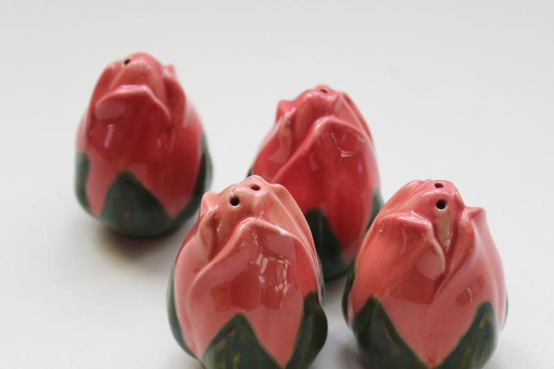 photo of pink rosebuds vintage ceramic salt & pepper, Franciscan china Desert Rose figural shakers #3