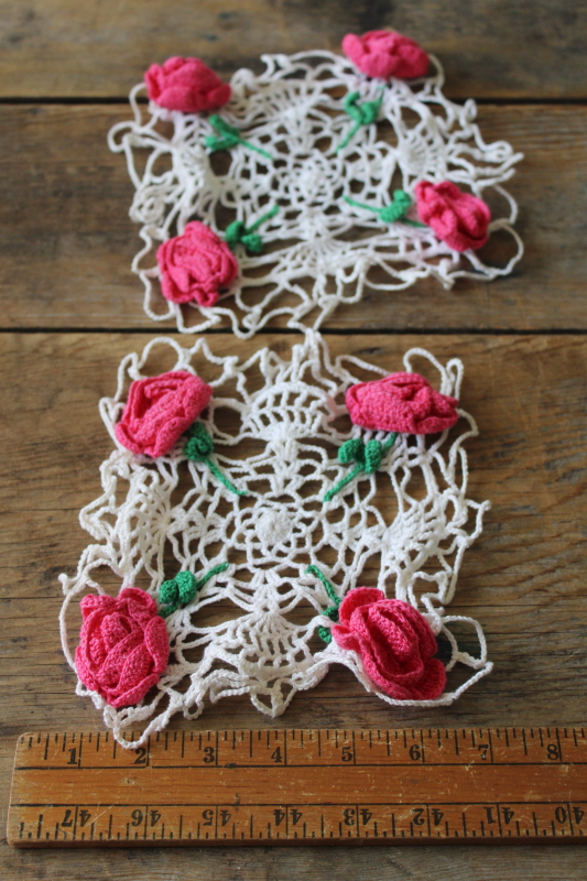photo of pink roses crochet lace doily jug or jar covers, vintage mason jar covers cottagecore grandma kitchen decor  #2