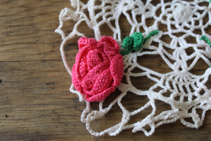 photo of pink roses crochet lace doily jug or jar covers, vintage mason jar covers cottagecore grandma kitchen decor  #3