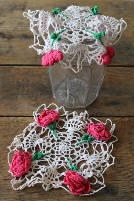 photo of pink roses crochet lace doily jug or jar covers, vintage mason jar covers cottagecore grandma kitchen decor  #4