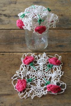 catalog photo of pink roses crochet lace doily jug or jar covers, vintage mason jar covers cottagecore grandma kitchen decor 