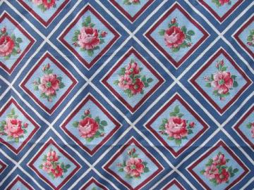 catalog photo of pink roses on blue print, vintage 1940s - 50s printed cotton barkcloth fabric, 11 yards