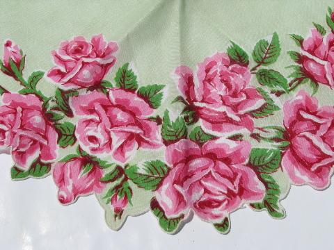 photo of pink roses on jadite green, large vintage hanky, round handkerchief #2