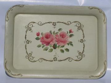 catalog photo of pink roses on off-white, vintage hand-painted Nashco tole metal tray