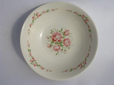 photo of pink roses stencil pattern serving bowl, 1940s - 50s vintage USA pottery #1