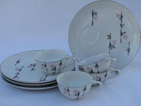 photo of pink roses vintage Japan - Laurel China snack sets, set for four, cups & plates #1