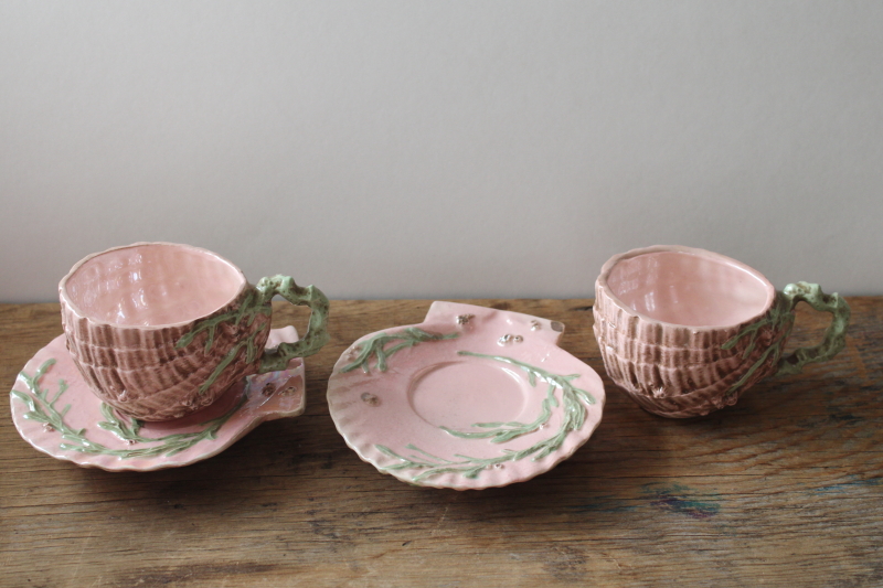 photo of pink sea shells & seaweed majolica style cups & saucers, vintage handmade ceramic ware dated 1969  #1