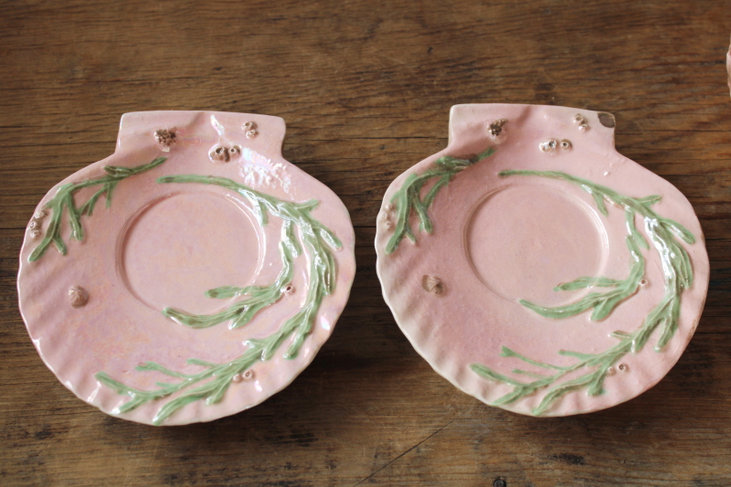 photo of pink sea shells & seaweed majolica style cups & saucers, vintage handmade ceramic ware dated 1969 #2