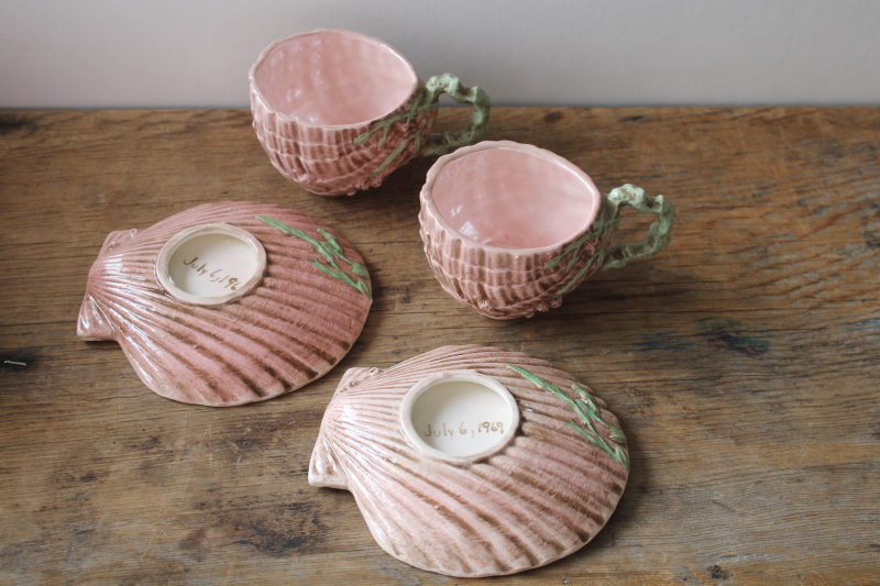 photo of pink sea shells & seaweed majolica style cups & saucers, vintage handmade ceramic ware dated 1969 #3