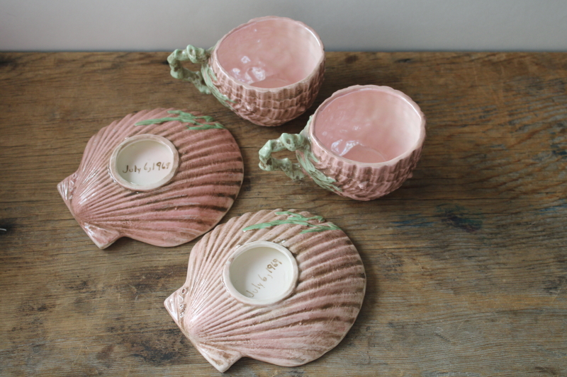 photo of pink sea shells & seaweed majolica style cups & saucers, vintage handmade ceramic ware dated 1969 #4