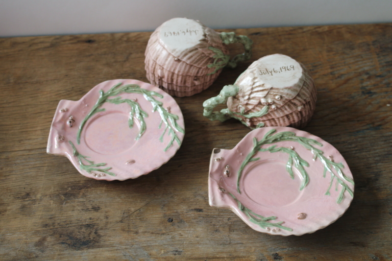 photo of pink sea shells & seaweed majolica style cups & saucers, vintage handmade ceramic ware dated 1969 #5