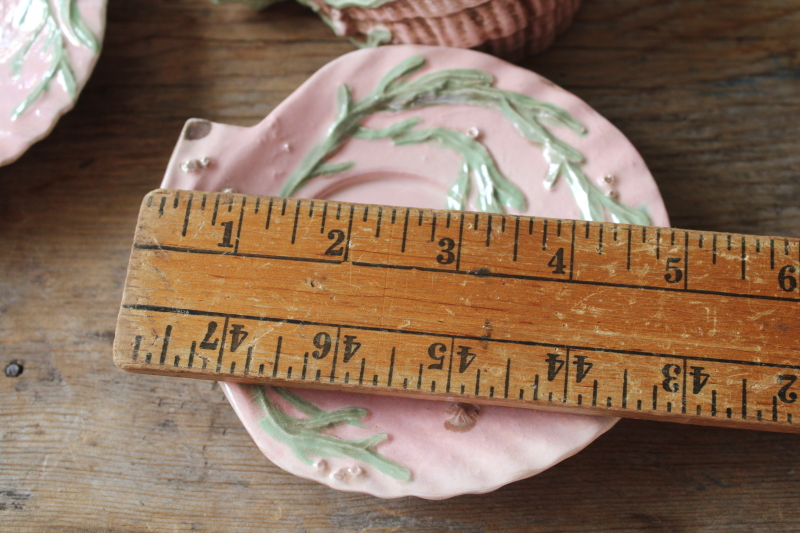 photo of pink sea shells & seaweed majolica style cups & saucers, vintage handmade ceramic ware dated 1969 #6