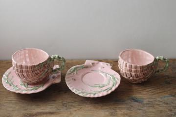 catalog photo of pink sea shells & seaweed majolica style cups & saucers, vintage handmade ceramic ware dated 1969 