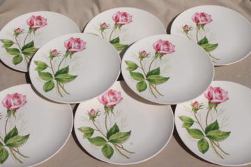 catalog photo of pink tea rose pattern plates, mid-century vintage Knowles china, retro pottery dinnerware