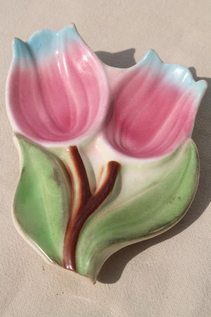 photo of pink tulips vintage ceramic spoon rest, 1950s vintage kitchen ware, USA pottery #1