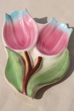 catalog photo of pink tulips vintage ceramic spoon rest, 1950s vintage kitchen ware, USA pottery