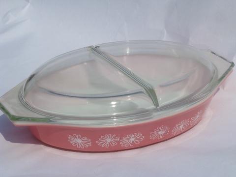 photo of pink & white daisy vintage Pyrex divided casserole dish w/ glass cover #1