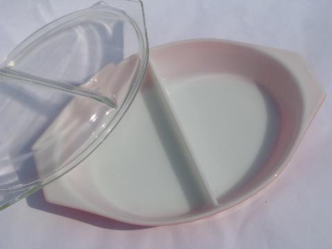 photo of pink & white daisy vintage Pyrex divided casserole dish w/ glass cover #2