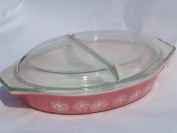 catalog photo of pink & white daisy vintage Pyrex divided casserole dish w/ glass cover