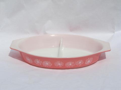 photo of pink & white daisy vintage Pyrex divided casserole, oval baking dish #1