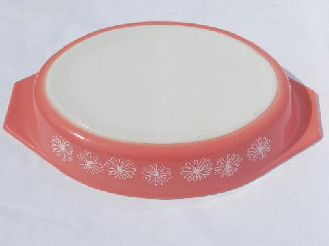 photo of pink & white daisy vintage Pyrex divided casserole, oval baking dish #2