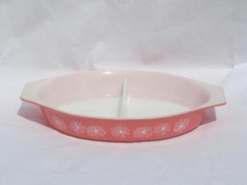 catalog photo of pink & white daisy vintage Pyrex divided casserole, oval baking dish