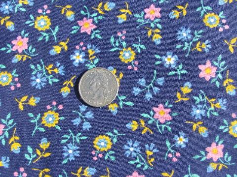 photo of pink & yellow flowers on navy blue, 50s - 60s vintage quilting weight cotton fabric #1