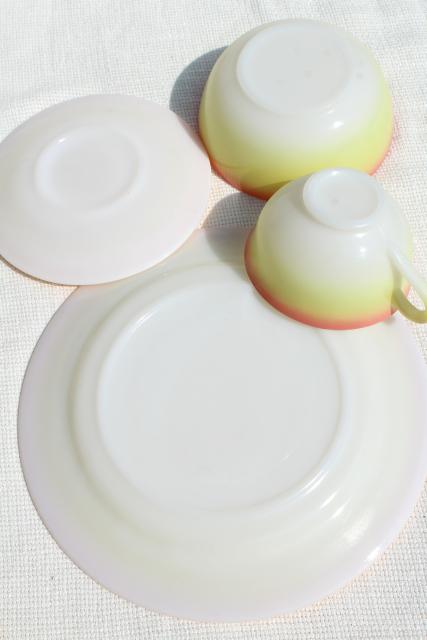 photo of pink / yellow milk glass dishes, vintage Hazel Atlas Sunrise plates, bowls, cups & saucers #3