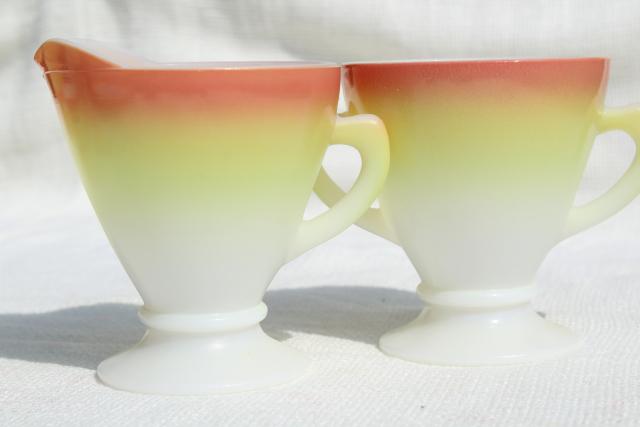 photo of pink / yellow milk glass dishes, vintage Hazel Atlas Sunrise plates, bowls, cups & saucers #4