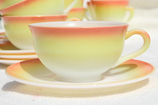 photo of pink / yellow milk glass dishes, vintage Hazel Atlas Sunrise plates, bowls, cups & saucers #7