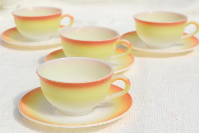 photo of pink / yellow milk glass dishes, vintage Hazel Atlas Sunrise plates, bowls, cups & saucers #9