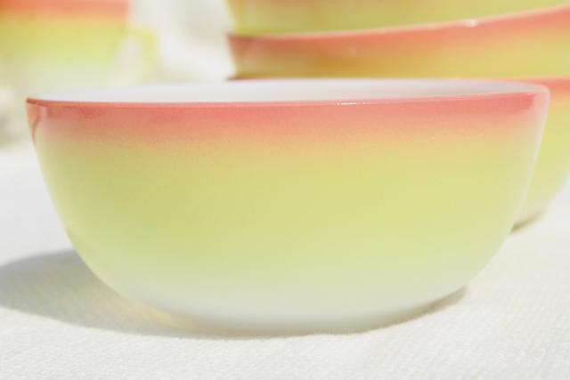 photo of pink / yellow milk glass dishes, vintage Hazel Atlas Sunrise plates, bowls, cups & saucers #10