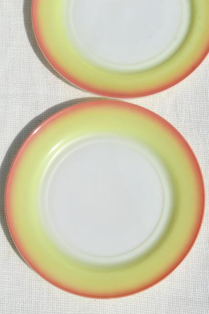 photo of pink / yellow milk glass dishes, vintage Hazel Atlas Sunrise plates, bowls, cups & saucers #13