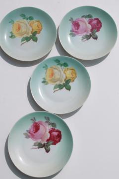 catalog photo of pink & yellow roses hand painted Bavaria china plates, vintage dessert set