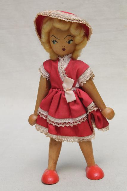 photo of pinocchio style jointed wood doll to stand & pose, vintage hand painted puppet toy w/ cloth dress #3