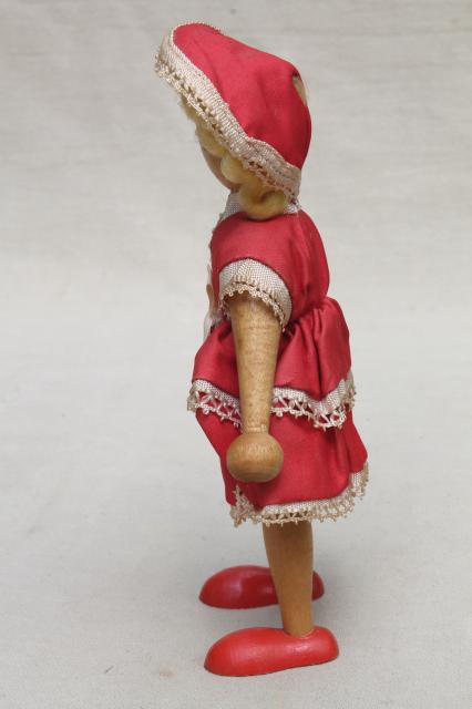 photo of pinocchio style jointed wood doll to stand & pose, vintage hand painted puppet toy w/ cloth dress #4