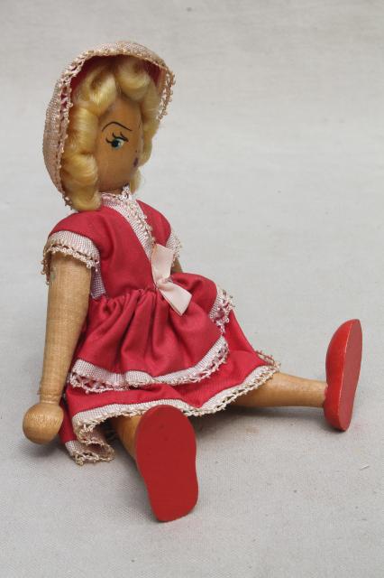 photo of pinocchio style jointed wood doll to stand & pose, vintage hand painted puppet toy w/ cloth dress #6