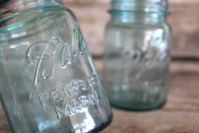 photo of pint size antique vintage Ball Perfect Mason aqua blue glass canning jars #2