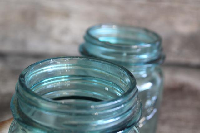 photo of pint size antique vintage Ball Perfect Mason aqua blue glass canning jars #3