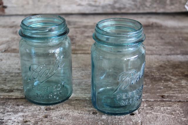 photo of pint size antique vintage Ball Perfect Mason aqua blue glass canning jars #7