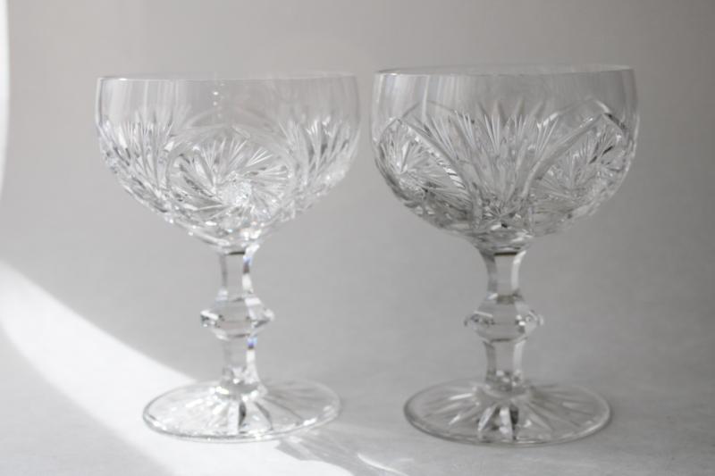photo of pinwheel cut crystal coupe champagne glasses, vintage Czech Bohemian crystal stemware #5
