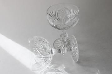 catalog photo of pinwheel cut crystal coupe champagne glasses, vintage Czech Bohemian crystal stemware