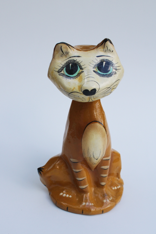 photo of pity kitty vintage hand painted Mexican folk art paper mache figurine crazy cat #1