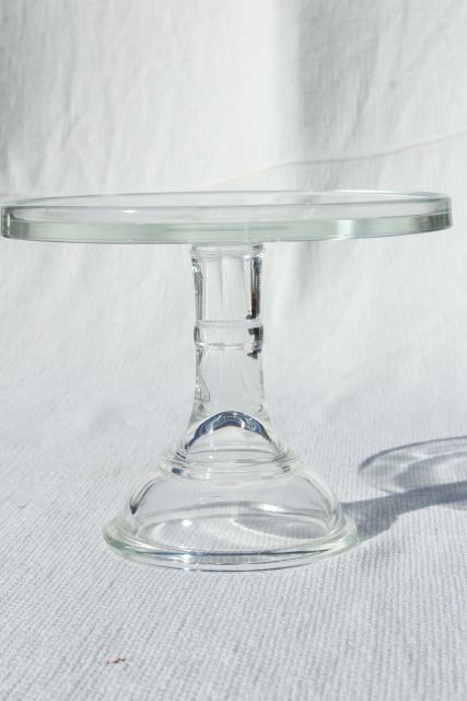 photo of plain simple clear glass cake stand salver, vintage bakery pedestal plate #3