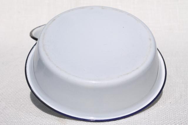 photo of plain simple old white enamelware dishes, 1930s vintage large mug cup, camp plates & bowls #3